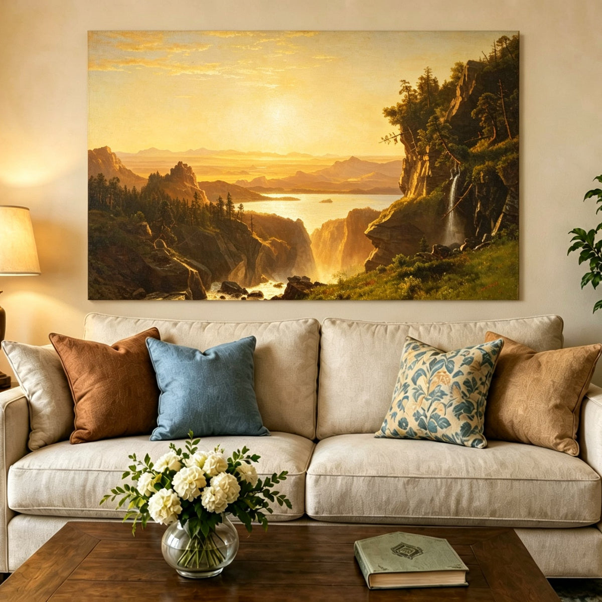 Unframed hand-painted golden canyon oil painting with a lake and distant waterfall displayed above a neutral living room sofa.