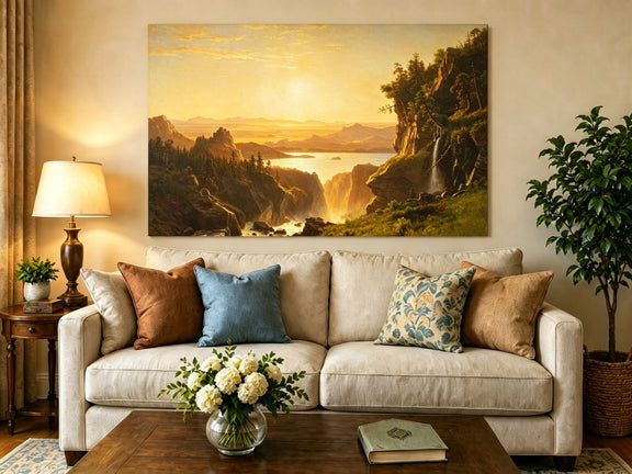 Unframed hand-painted golden canyon oil painting with a lake and distant waterfall displayed above a neutral living room sofa.