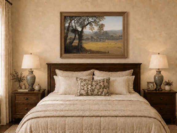 Framed hand-painted golden meadow oil painting with a picnic scene beneath a broad tree displayed above a wooden bed in a neutral bedroom.