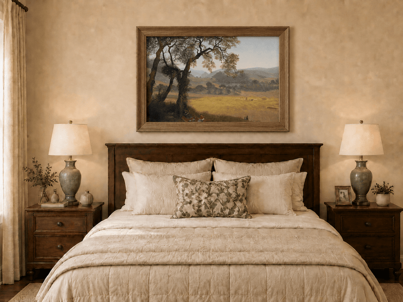 Framed hand-painted golden meadow oil painting with a picnic scene beneath a broad tree displayed above a wooden bed in a neutral bedroom.