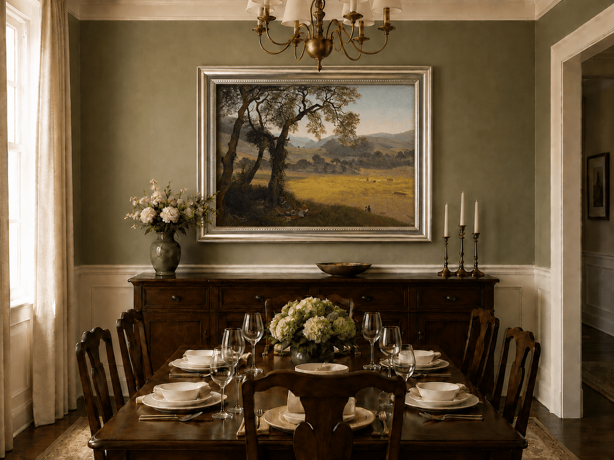 Framed hand-painted golden meadow oil painting with a picnic scene beneath a broad tree displayed above a formal dining table.