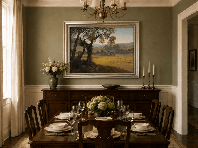 Framed hand-painted golden meadow oil painting with a picnic scene beneath a broad tree displayed above a formal dining table.