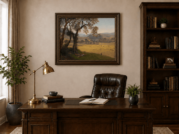 Framed hand-painted golden meadow oil painting with a picnic scene beneath a broad tree displayed above a traditional home office desk.