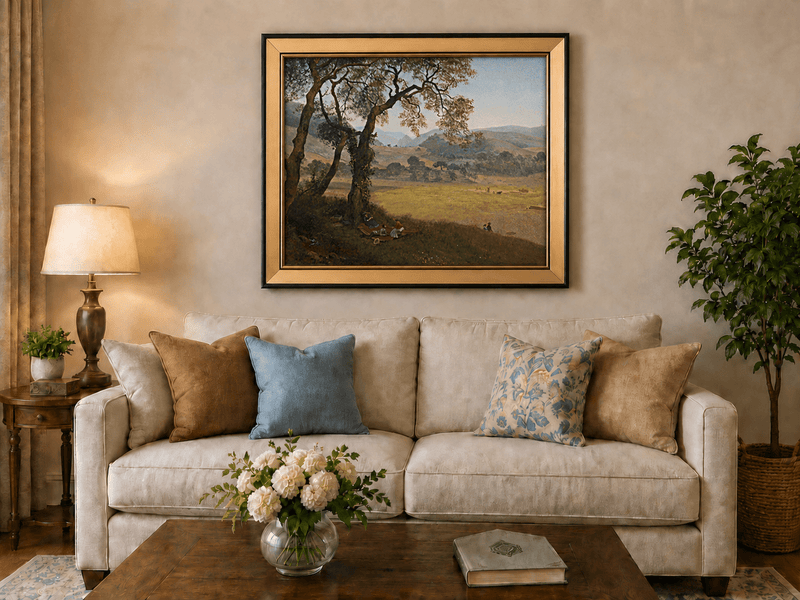 Framed hand-painted golden meadow oil painting with a picnic scene beneath a broad tree displayed above a neutral living room sofa.
