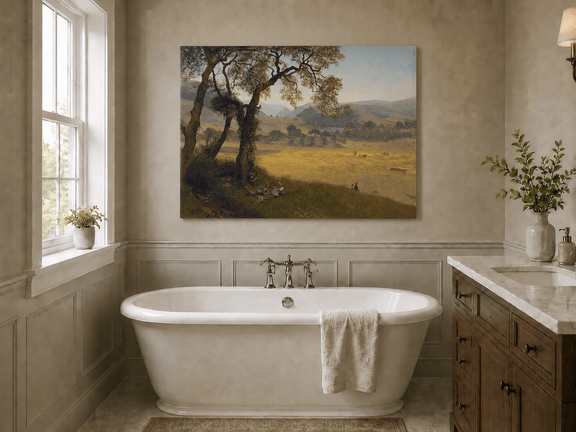 Unframed hand-painted golden meadow oil painting with a picnic scene beneath a broad tree displayed above a freestanding bathtub.