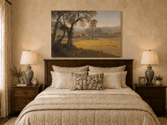 Unframed hand-painted golden meadow oil painting with a picnic scene beneath a broad tree displayed above a wooden bed in a neutral bedroom.