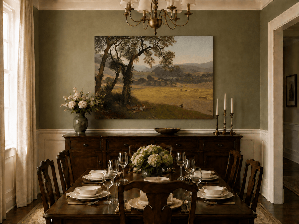 Unframed hand-painted golden meadow oil painting with a picnic scene beneath a broad tree displayed above a formal dining table.