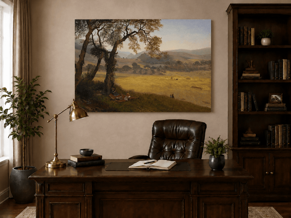 Unframed hand-painted golden meadow oil painting with a picnic scene beneath a broad tree displayed above a traditional home office desk.