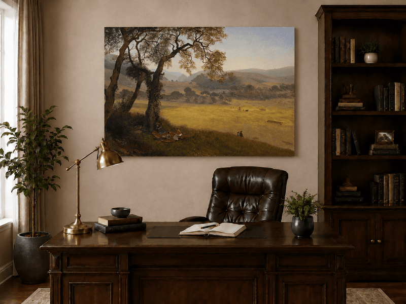 Unframed hand-painted golden meadow oil painting with a picnic scene beneath a broad tree displayed above a traditional home office desk.