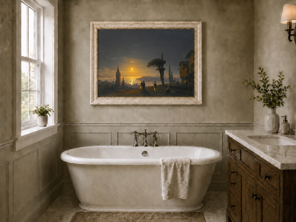 Hand-painted golden sunset over a historic harbor city landscape oil painting displayed in a bathroom interior above a bathtub.