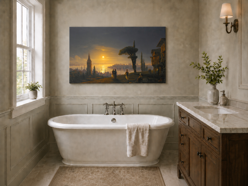 Hand-painted golden sunset over a historic harbor city landscape oil painting displayed in a bathroom interior above a bathtub.