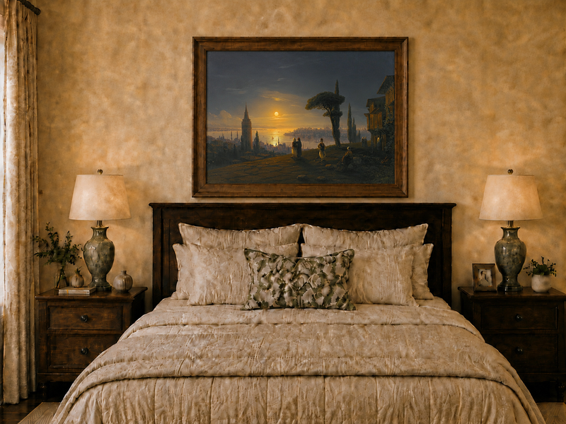 Hand-painted golden sunset over a historic harbor city landscape oil painting displayed above a bed in a bedroom interior.