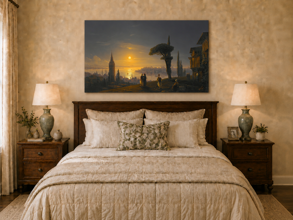 Hand-painted golden sunset over a historic harbor city landscape oil painting displayed above a bed in a bedroom interior.