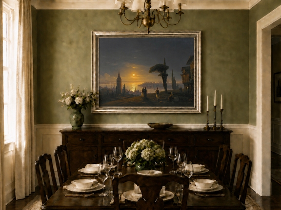 Hand-painted golden sunset over a historic harbor city landscape oil painting displayed in a dining room interior.