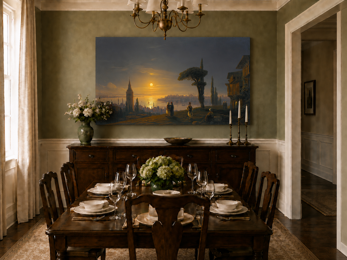 Hand-painted golden sunset over a historic harbor city landscape oil painting displayed in a dining room interior.
