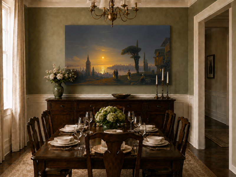 Hand-painted golden sunset over a historic harbor city landscape oil painting displayed in a dining room interior.
