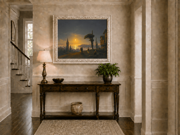 Hand-painted golden sunset over a historic harbor city landscape oil painting displayed above a console table in a hallway interior.