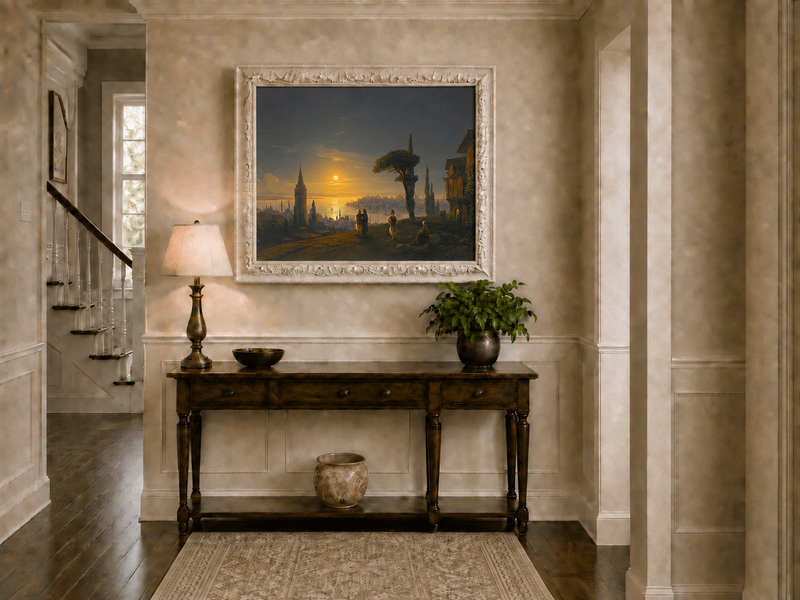 Hand-painted golden sunset over a historic harbor city landscape oil painting displayed above a console table in a hallway interior.
