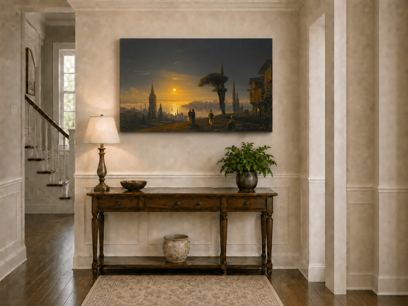 Hand-painted golden sunset over a historic harbor city landscape oil painting displayed above a console table in a hallway interior.