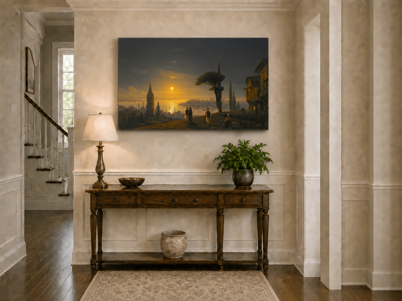 Hand-painted golden sunset over a historic harbor city landscape oil painting displayed above a console table in a hallway interior.