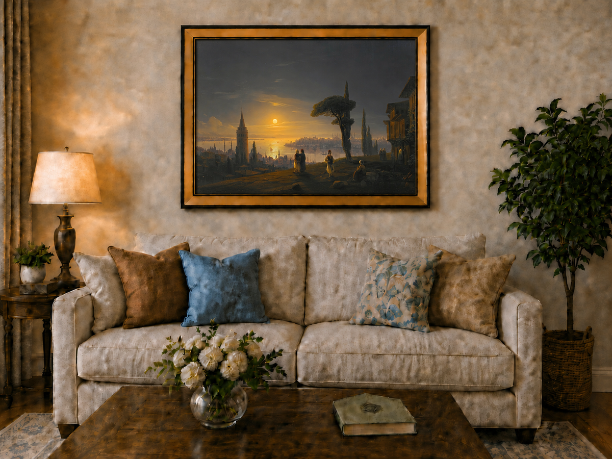 Hand-painted golden sunset over a historic harbor city landscape oil painting displayed above a sofa in a living room interior.