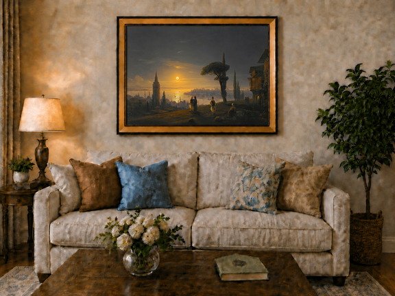 Hand-painted golden sunset over a historic harbor city landscape oil painting displayed above a sofa in a living room interior.