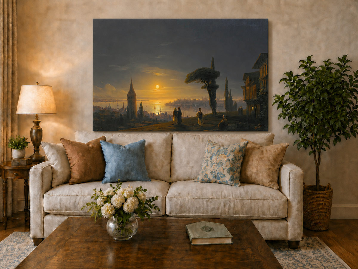 Hand-painted golden sunset over a historic harbor city landscape oil painting displayed above a sofa in a living room interior.