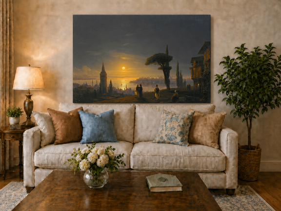 Hand-painted golden sunset over a historic harbor city landscape oil painting displayed above a sofa in a living room interior.