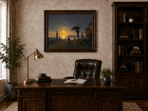 Hand-painted golden sunset over a historic harbor city landscape oil painting displayed above a desk in a home office interior.