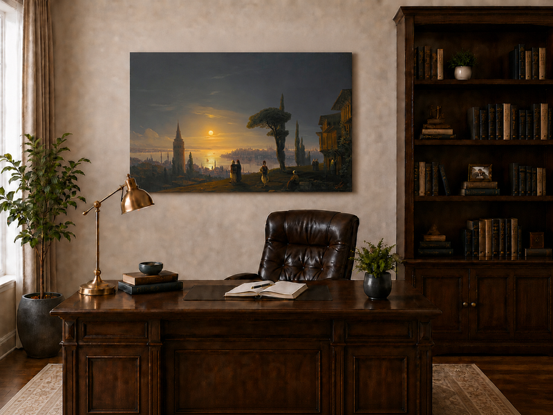 Hand-painted golden sunset over a historic harbor city landscape oil painting displayed above a desk in a home office interior.