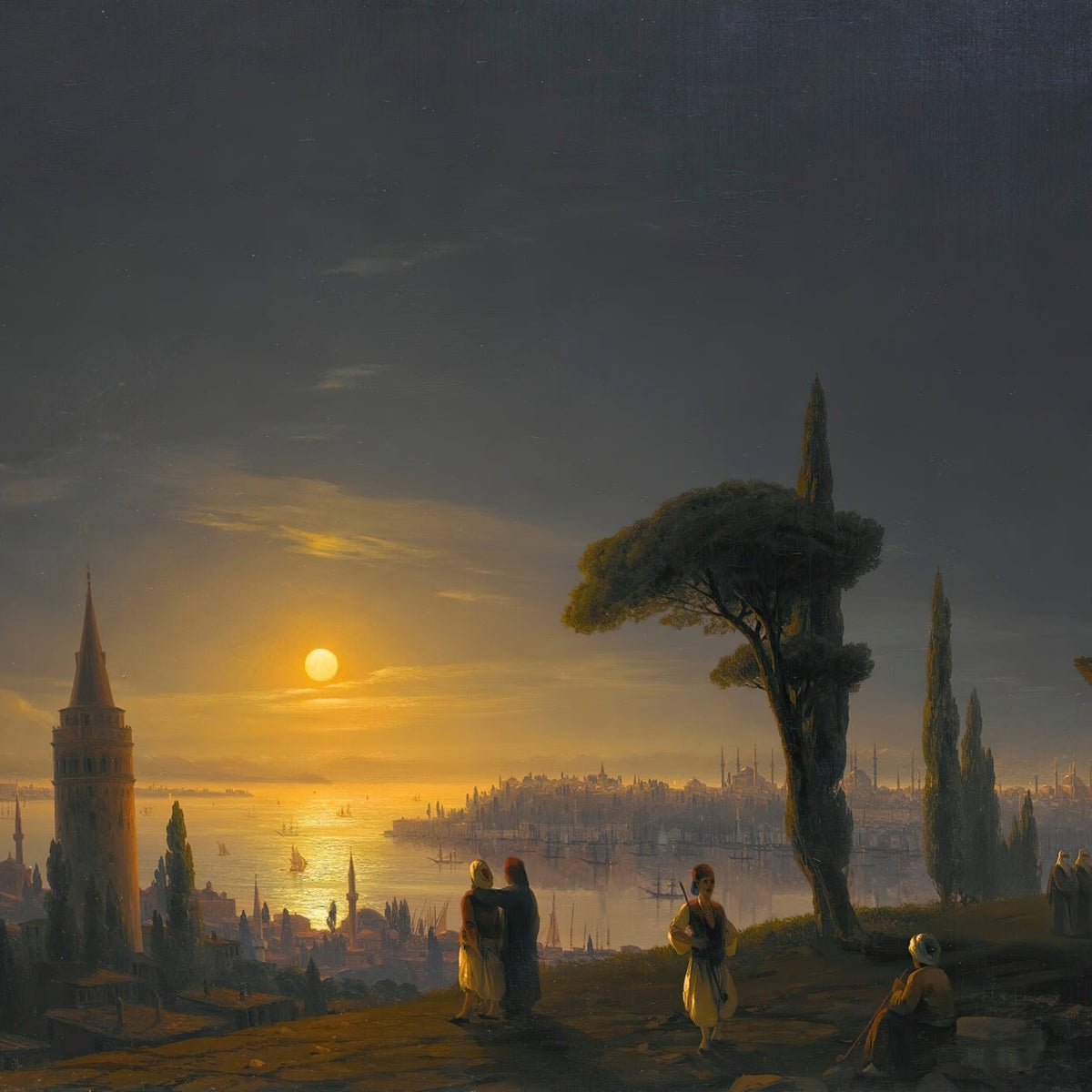 Golden Sunset Over Historic Harbor City - Landscape Oil Painting - Oil Painting Haven
