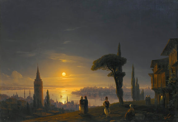 Golden Sunset Over Historic Harbor City - Landscape Oil Painting - Oil Painting Haven