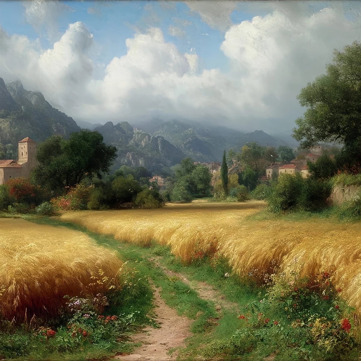 Golden Wheat Field Mountain Village Original Oil Painting For Sale - Oil Painting Haven
