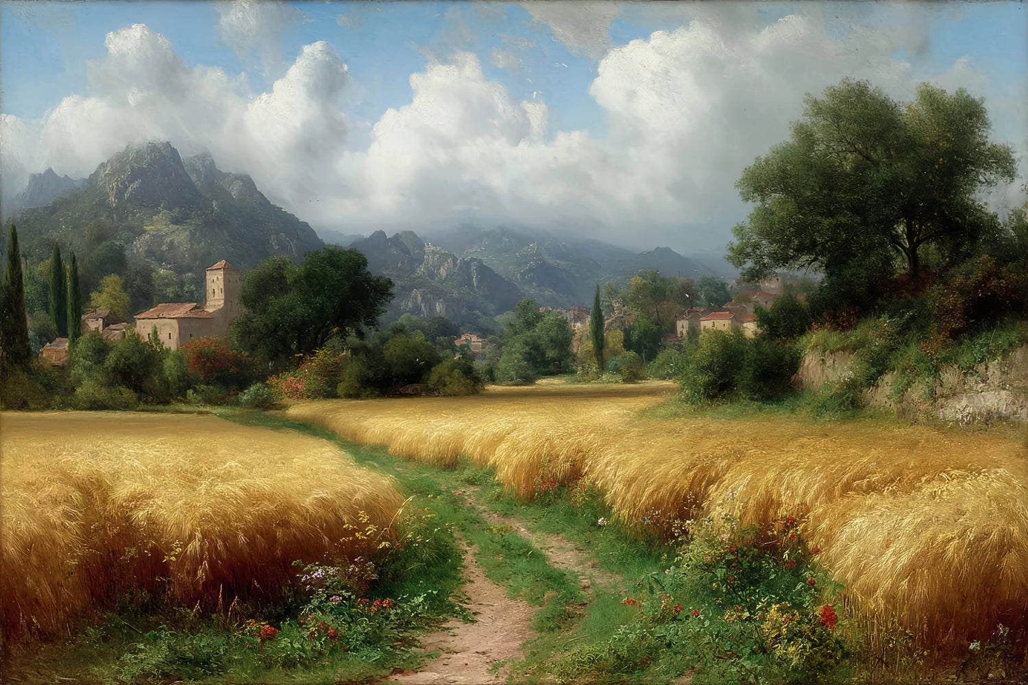 Golden Wheat Field Mountain Village Original Oil Painting For Sale - Oil Painting Haven