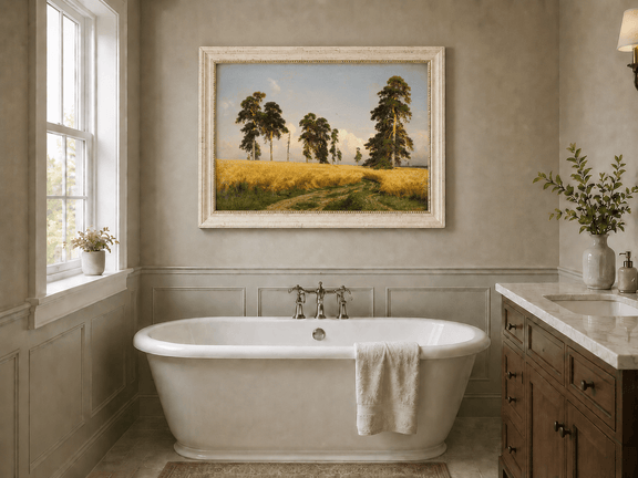 Framed hand-painted golden wheat field oil painting with pine trees and a country path displayed above a freestanding bathtub.