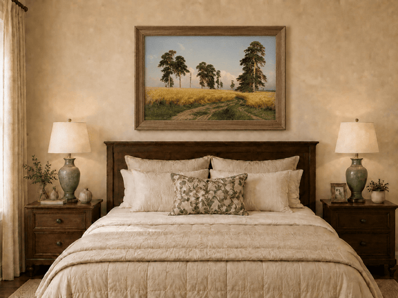 Framed hand-painted golden wheat field oil painting with pine trees and a country path displayed above a wooden bed in a neutral bedroom.