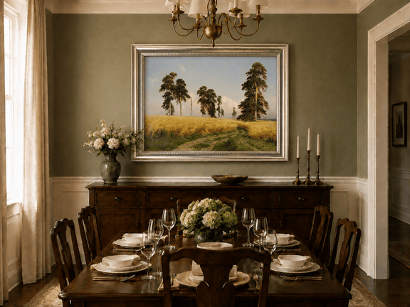 Framed hand-painted golden wheat field oil painting with pine trees and a country path displayed above a formal dining table.