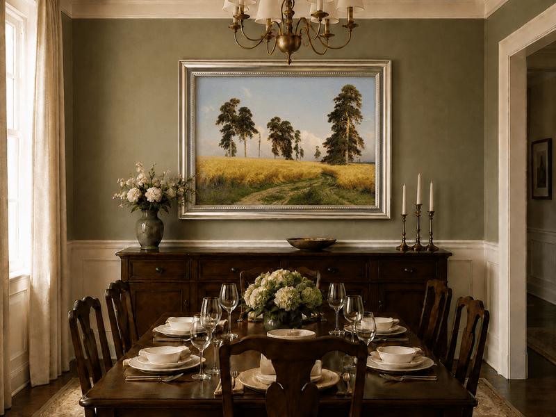 Framed hand-painted golden wheat field oil painting with pine trees and a country path displayed above a formal dining table.