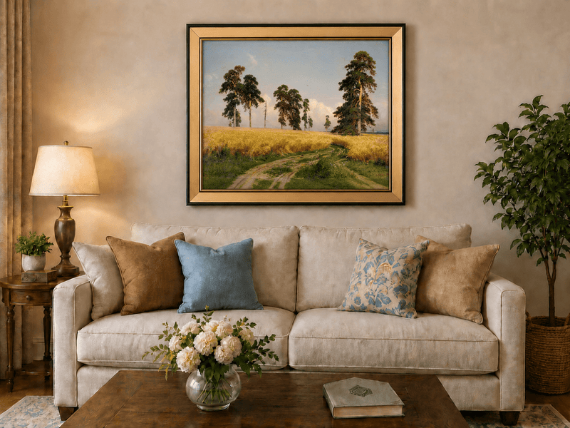Framed hand-painted golden wheat field oil painting with pine trees and a country path displayed above a neutral living room sofa.