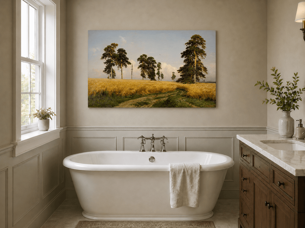 Unframed hand-painted golden wheat field oil painting with pine trees and a country path displayed above a freestanding bathtub.