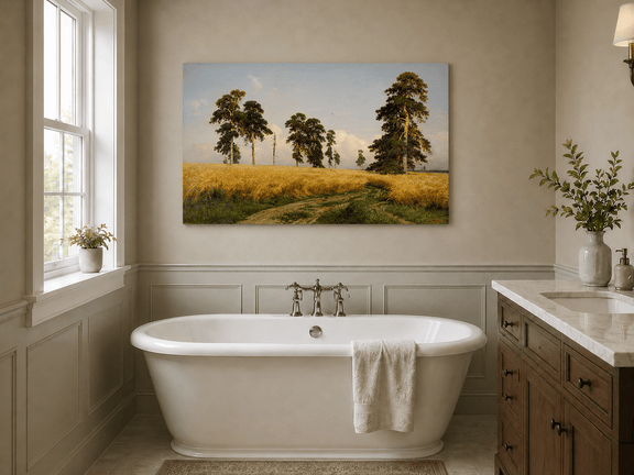 Unframed hand-painted golden wheat field oil painting with pine trees and a country path displayed above a freestanding bathtub.