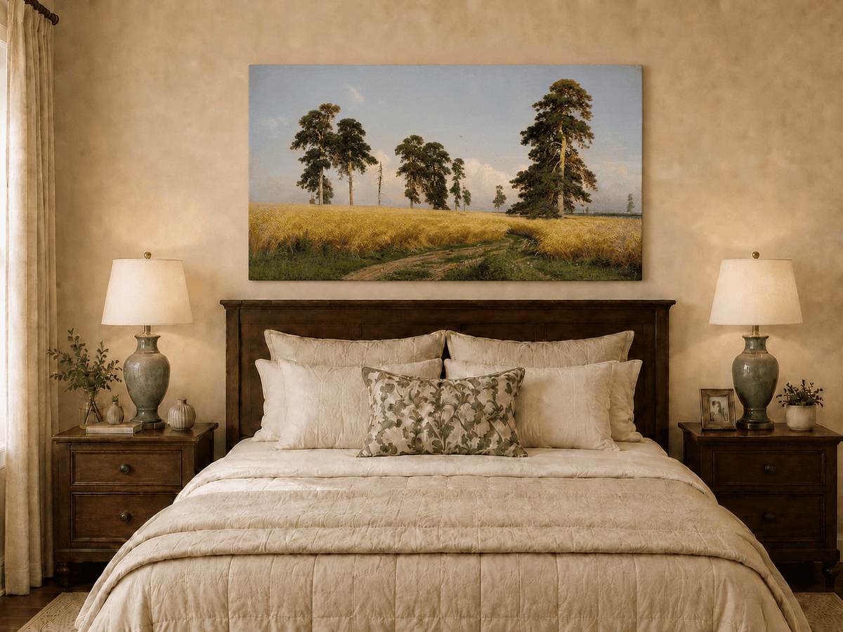 Unframed hand-painted golden wheat field oil painting with pine trees and a country path displayed above a wooden bed in a neutral bedroom.