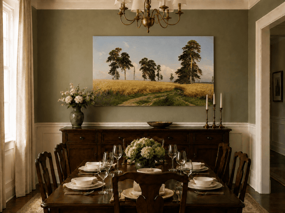 Unframed hand-painted golden wheat field oil painting with pine trees and a country path displayed above a formal dining table.