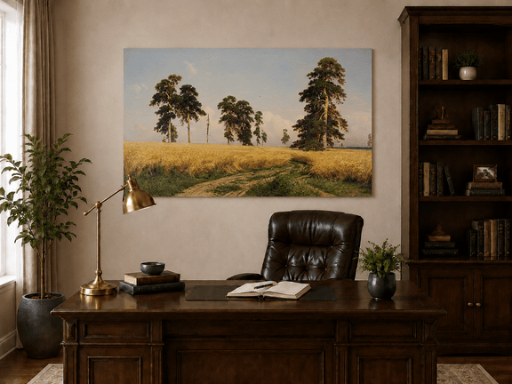 Unframed hand-painted golden wheat field oil painting with pine trees and a country path displayed above a traditional home office desk.