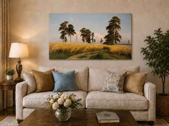 Unframed hand-painted golden wheat field oil painting with pine trees and a country path displayed above a neutral living room sofa.