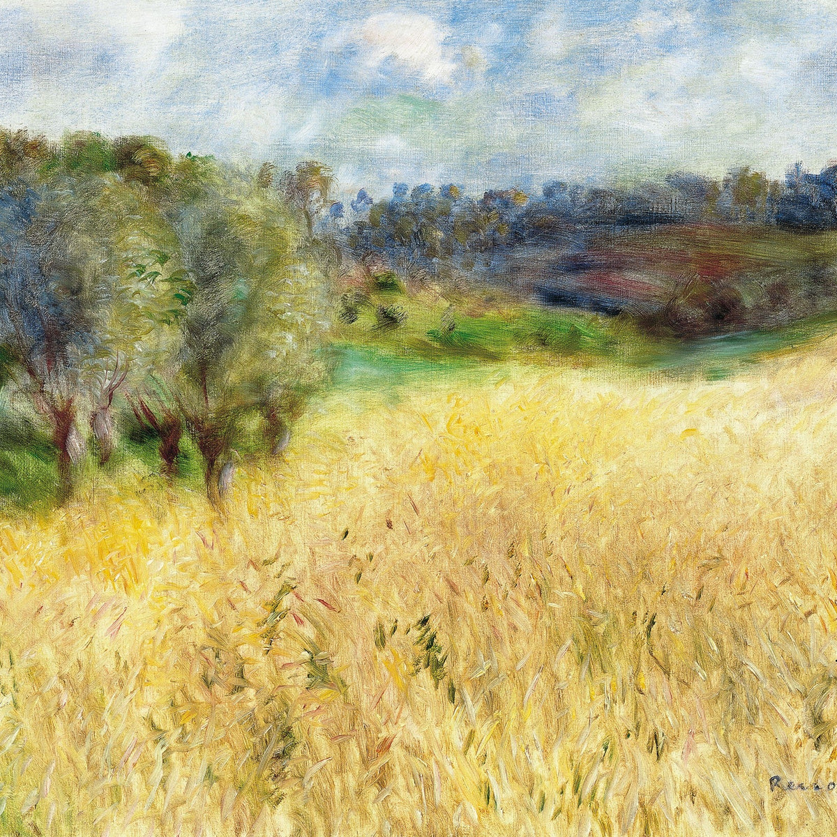 Landscape oil painting of a golden wheat field with textured brushwork, trees along the horizon, and a cloudy blue sky, hand . - Add Frame, Canvas, Country, Field, Forest, Hand Painted, Landscape, Made To Order, Oil Painting