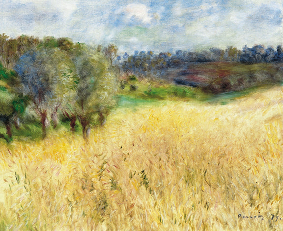 Landscape oil painting of a golden wheat field with textured brushwork, trees along the horizon, and a cloudy blue sky, hand . - Add Frame, Canvas, Country, Field, Forest, Hand Painted, Landscape, Made To Order, Oil Painting