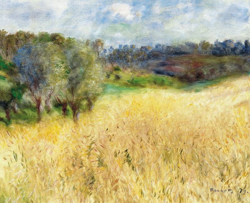 Landscape oil painting of a golden wheat field with textured brushwork, trees along the horizon, and a cloudy blue sky, hand . - Add Frame, Canvas, Country, Field, Forest, Hand Painted, Landscape, Made To Order, Oil Painting