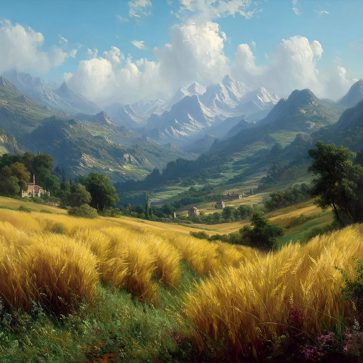 Golden Wheat Valley Snowy Mountains Original Oil Painting For Sale - Oil Painting Haven