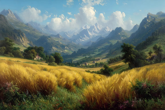 Golden Wheat Valley Snowy Mountains Original Oil Painting For Sale - Oil Painting Haven